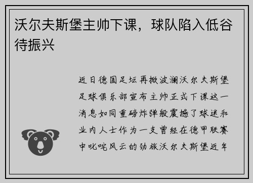 沃尔夫斯堡主帅下课，球队陷入低谷待振兴