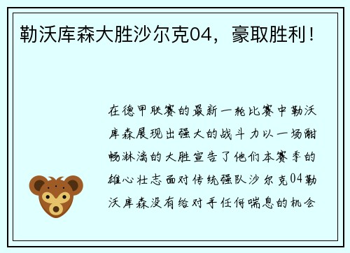 勒沃库森大胜沙尔克04，豪取胜利！