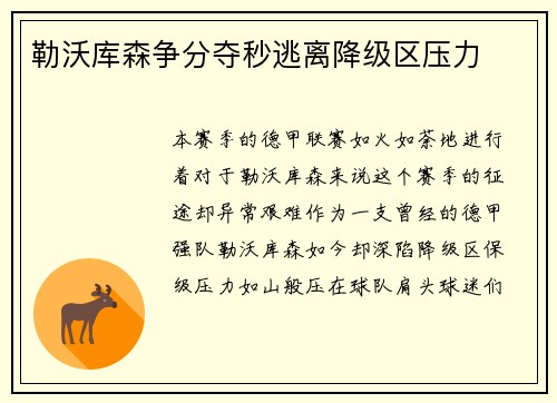 勒沃库森争分夺秒逃离降级区压力