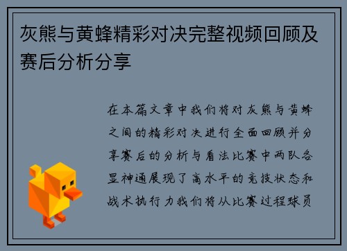 灰熊与黄蜂精彩对决完整视频回顾及赛后分析分享