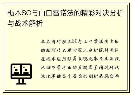 枥木SC与山口雷诺法的精彩对决分析与战术解析