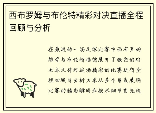 西布罗姆与布伦特精彩对决直播全程回顾与分析