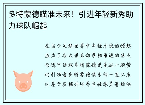 多特蒙德瞄准未来！引进年轻新秀助力球队崛起