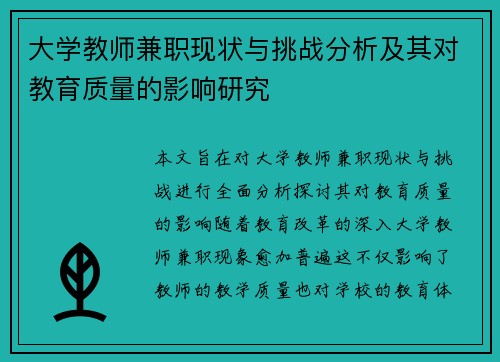 大学教师兼职现状与挑战分析及其对教育质量的影响研究