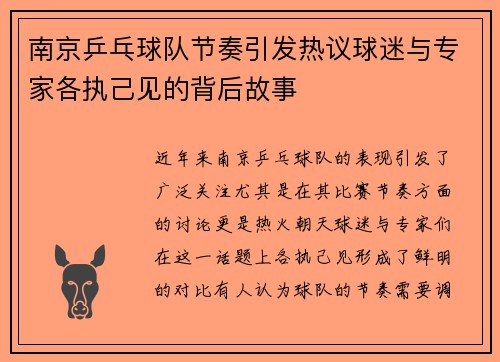 南京乒乓球队节奏引发热议球迷与专家各执己见的背后故事