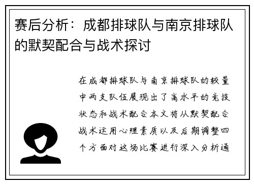 赛后分析：成都排球队与南京排球队的默契配合与战术探讨