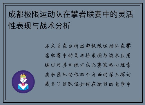 成都极限运动队在攀岩联赛中的灵活性表现与战术分析